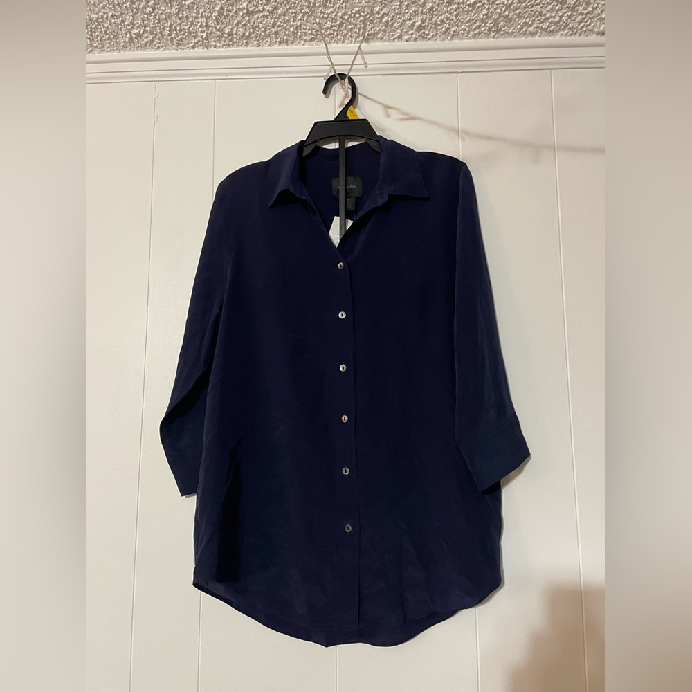 100% Silk Navy Button Up Blouse